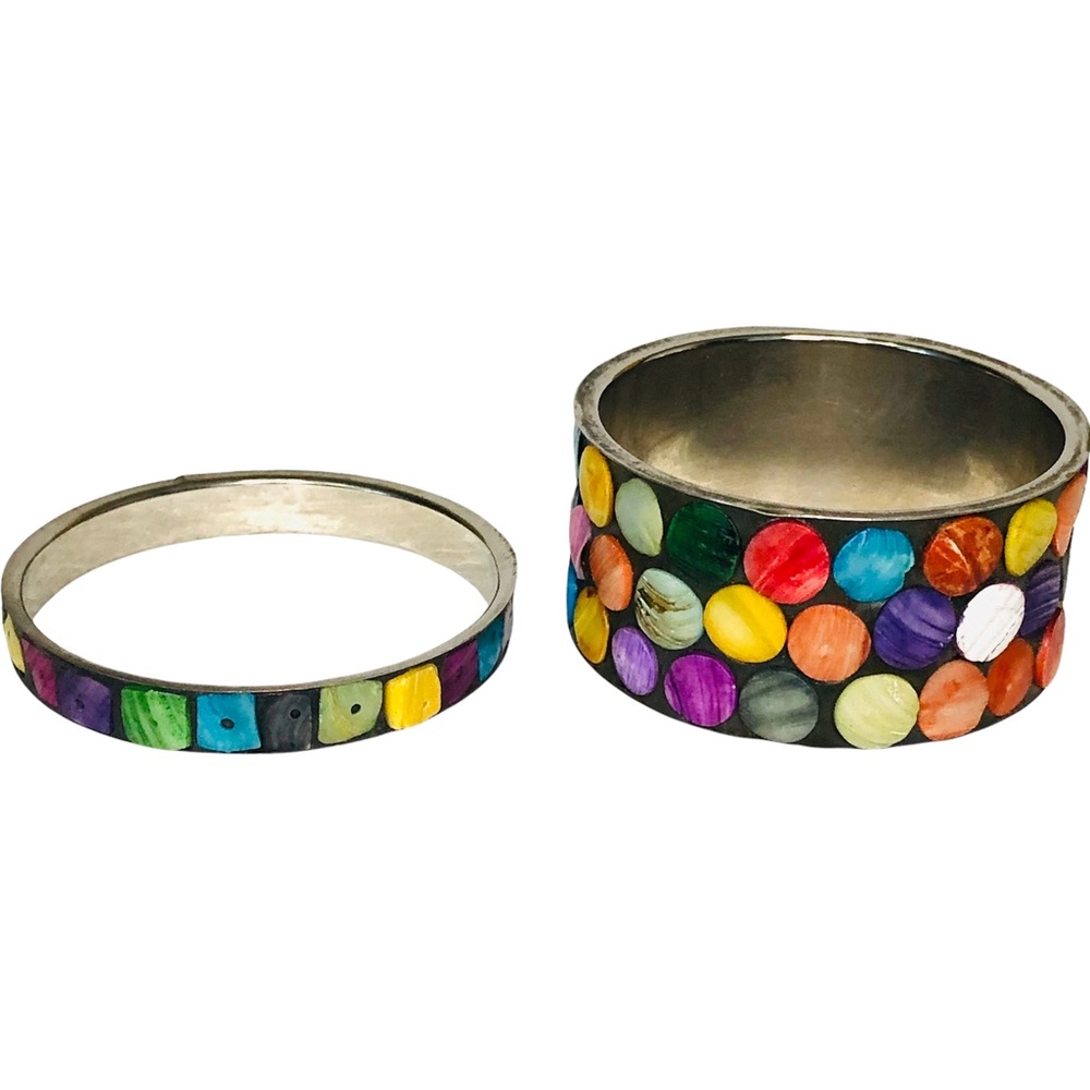 Two Silver Abalone Shell Colorful Inlay Bangle Br… - image 2